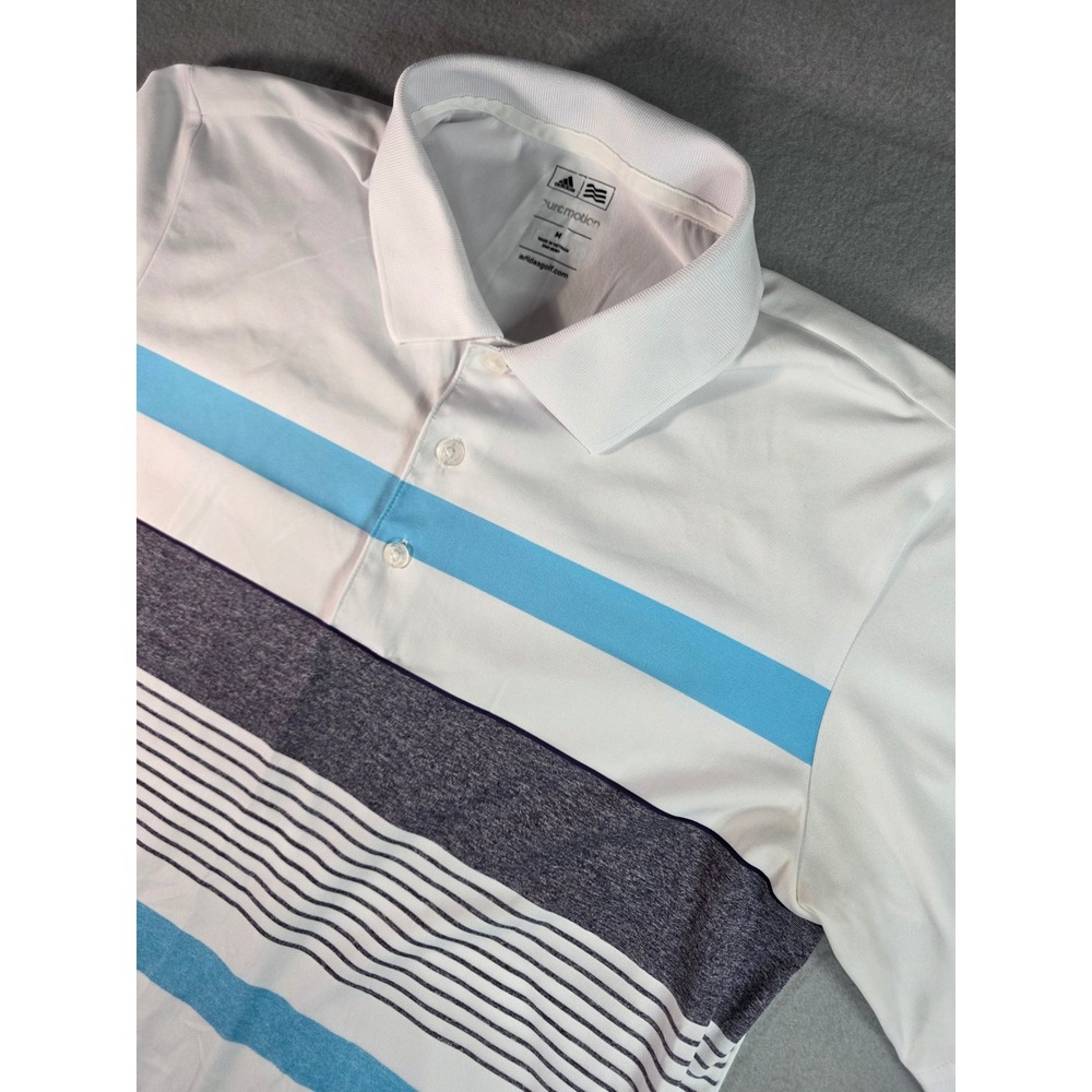 Adidas Golf Puremotion Mens Medium White Blue Striped Performance Polo Shirt